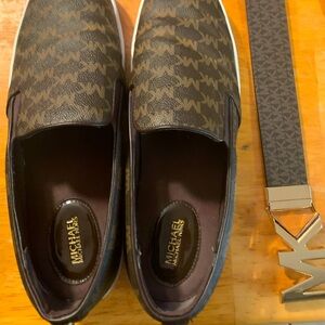 Micheal Kors dark brown shoes and belt with gold accents